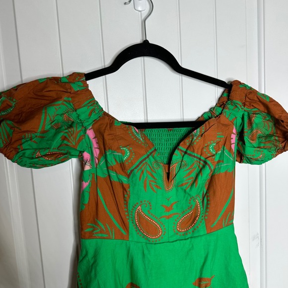 Anthropologie Maeve green puff sleeves floral sweetheart‎ midi dress 2 vacation - Picture 4 of 11